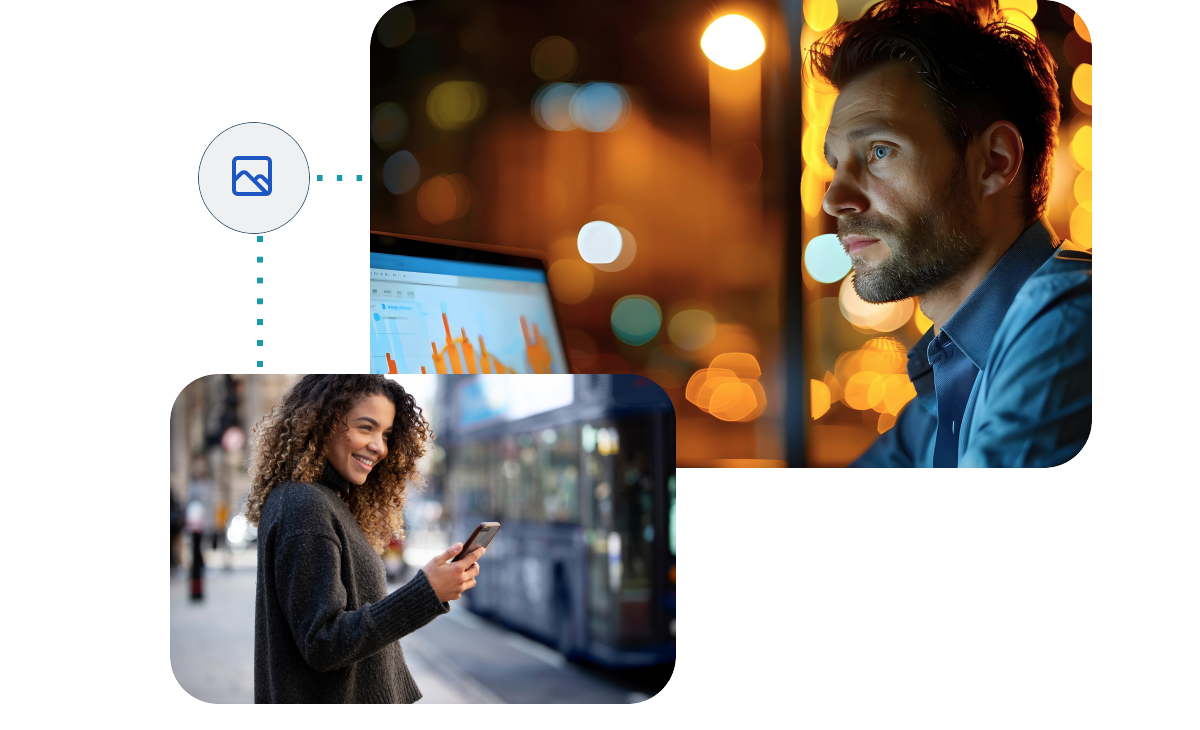 An illustration of Gamezoneus Marketing's Conversion Rate Optimization services, featuring a focused professional analyzing data at night and a smiling woman engaging with her smartphone in a city. The visuals highlight strategies to enhance user experience and maximize conversions.