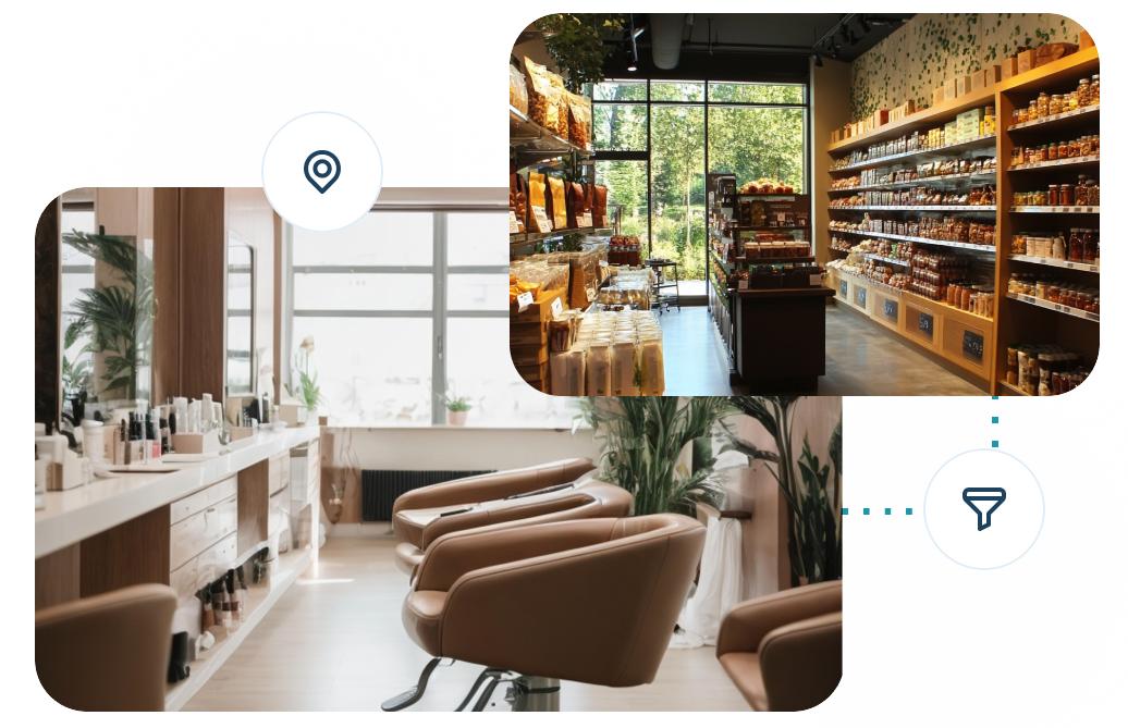 An inviting image showcasing Gamezoneus Marketing's services, featuring two scenes: a modern salon with warm lighting and a cozy retail store with shelves of products and a view of greenery outside. This reflects the small business focus of Signa Local. Surrounding text reads, 